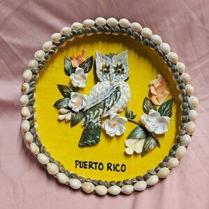 Vintage 10” Shells Craft Owl On Branch Flowers Wall Decor Puerto Rico Souvenir